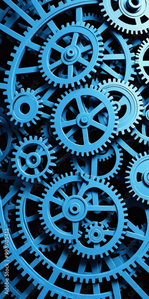 A close-up view complex arrangement of blue gears, showcasing their intricate design and interlocking mechanisms A close-up view complex arrangement of blue gears, showcasing their intricate design and interlocking mechanisms