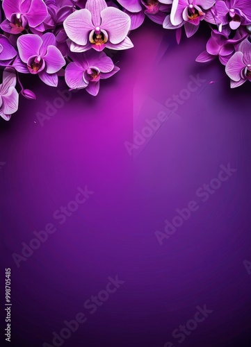 Purple orchid flowers with white centers and pink petals are arranged diagonally across a gradient purple background photo