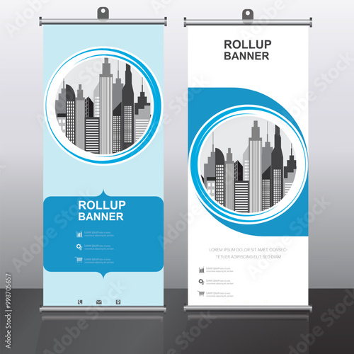 High-quality roll-up banner with modern cityscape, ideal for corporate events, trade shows, exhibitions, and marketing campaigns, making a strong visual impact.