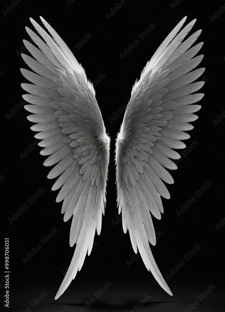 Fototapeta premium a pair of angel wings, their white feathers contrasting sharply against the black background The wings are spread wide, with their tips pointing towards the top right corner