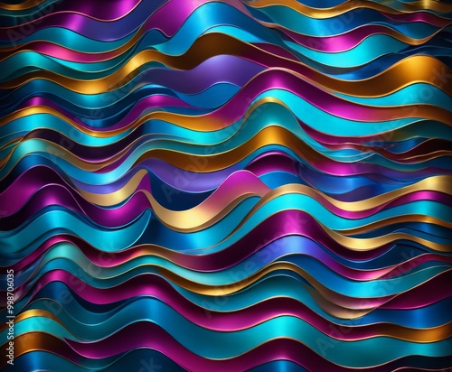 a vibrant abstract pattern composed of overlapping curved lines in various shades of blue, purple, orange, and gold, creating a dynamic and visually striking design photo