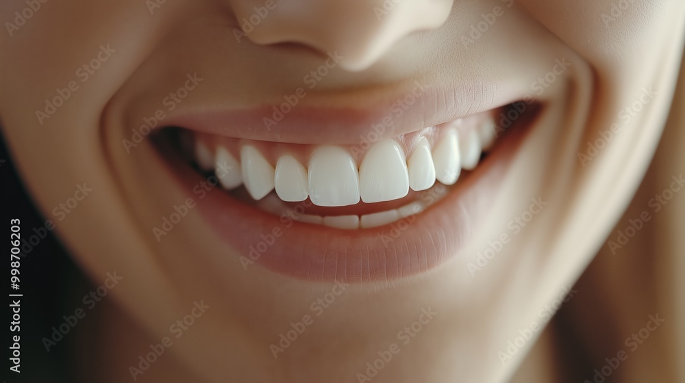 Fototapeta premium Charming female smile with dazzling white teeth, showing excellent dental health and hygiene. Ideal for dental illustrations.Generated by AI.