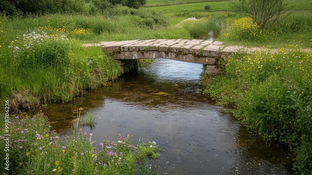 A narrow stone footbridge, crossing a shallow river in a peaceful countryside setting, with wildflowers along the banks A narrow stone footbridge, crossing a shallow river in a peaceful countryside setting, with wildflowers along the banks