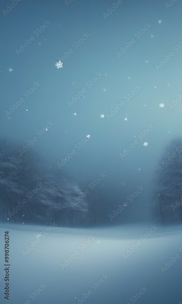 A serene winter landscape unfolds under a starry night sky, with snowflakes gently falling and trees blanketed in snow A serene winter landscape unfolds under a starry night sky, with snowflakes gently falling and trees blanketed in snow