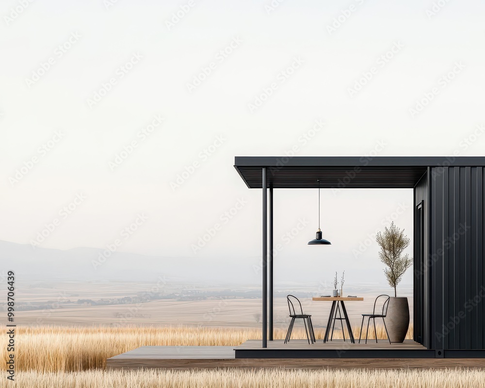 Compact container restaurant exterior with black metal siding, rooftop terrace, and view of a serene meadow
