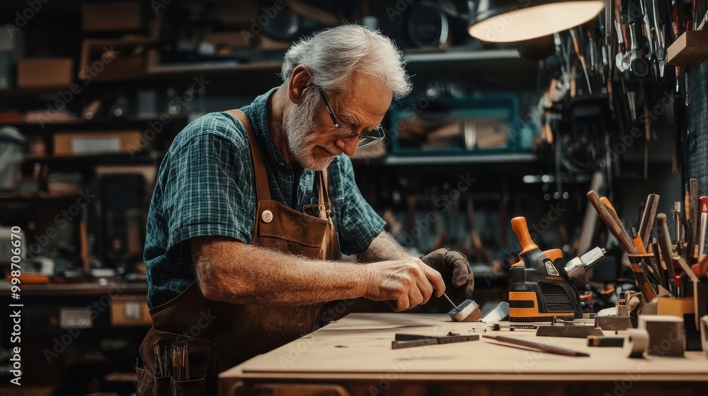 A senior man working in his garage, hammering a nail into a DIY project, with tools scattered around him A senior man working in his garage, hammering a nail into a DIY project, with tools scattered around him
