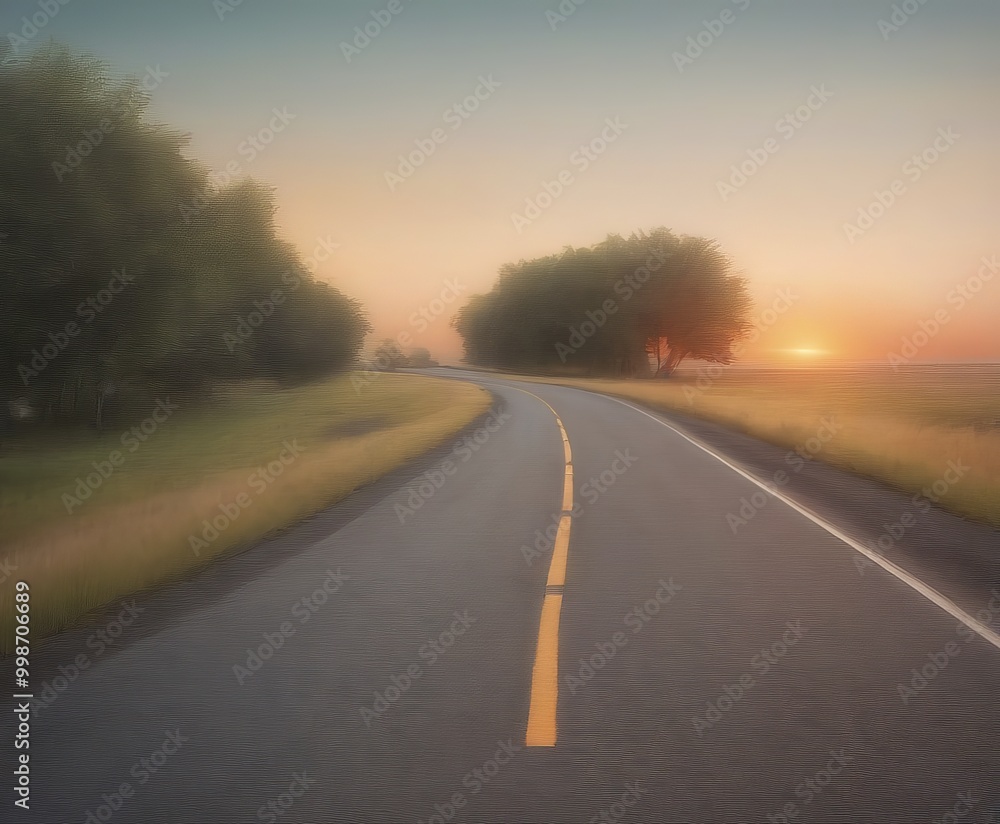 A winding road stretches into the distance, flanked by trees and bathed in the warm glow setting sun A winding road stretches into the distance, flanked by trees and bathed in the warm glow setting sun