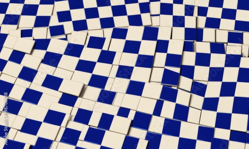 a pattern of blue and white tiles arranged in a grid-like fashion, with some tiles overlapping and others slightly tilted, creating a visually interesting and abstract composition photo