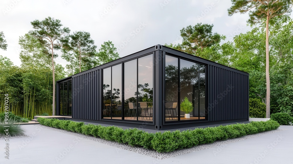 custom made wallpaper toronto digitalContemporary container restaurant exterior with matte black panels, glass walls, and a view of the ocean