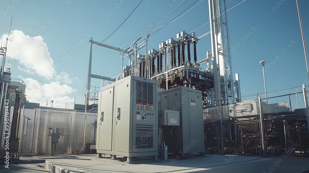 An exterior view of a transformer station, highlighting the transformers, power lines, and substations that facilitate electricity distribution within the plant. An exterior view of a transformer station, highlighting the transformers, power lines, and substations that facilitate electricity distribution within the plant.