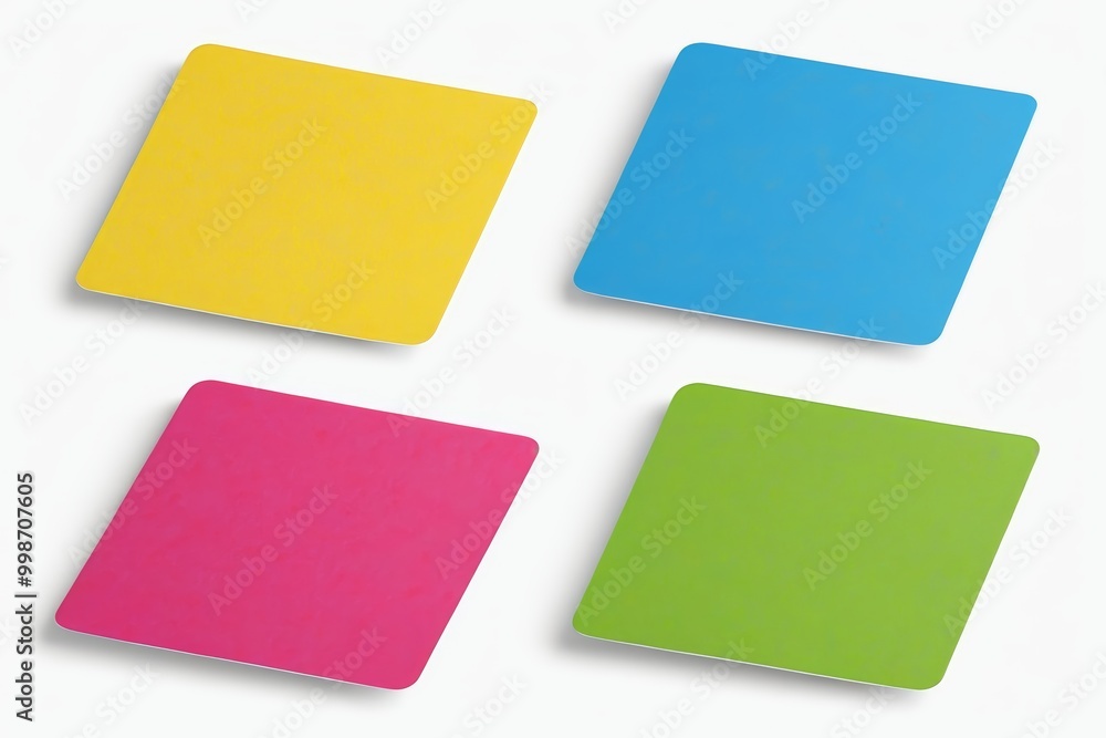 four square colored sticky notes are placed on a white surface four square colored sticky notes are placed on a white surface