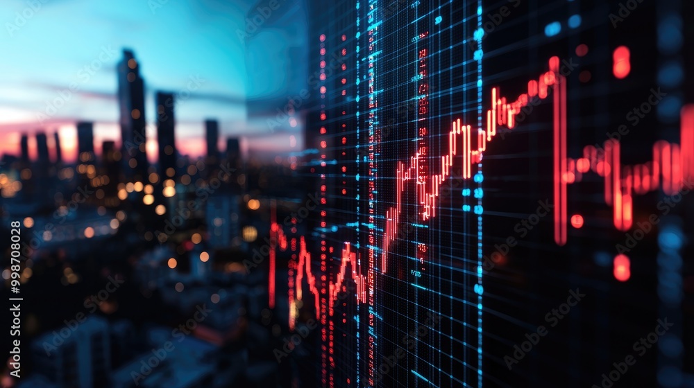 Financial growth chart displayed over a city skyline at dusk. Financial growth chart displayed over a city skyline at dusk.