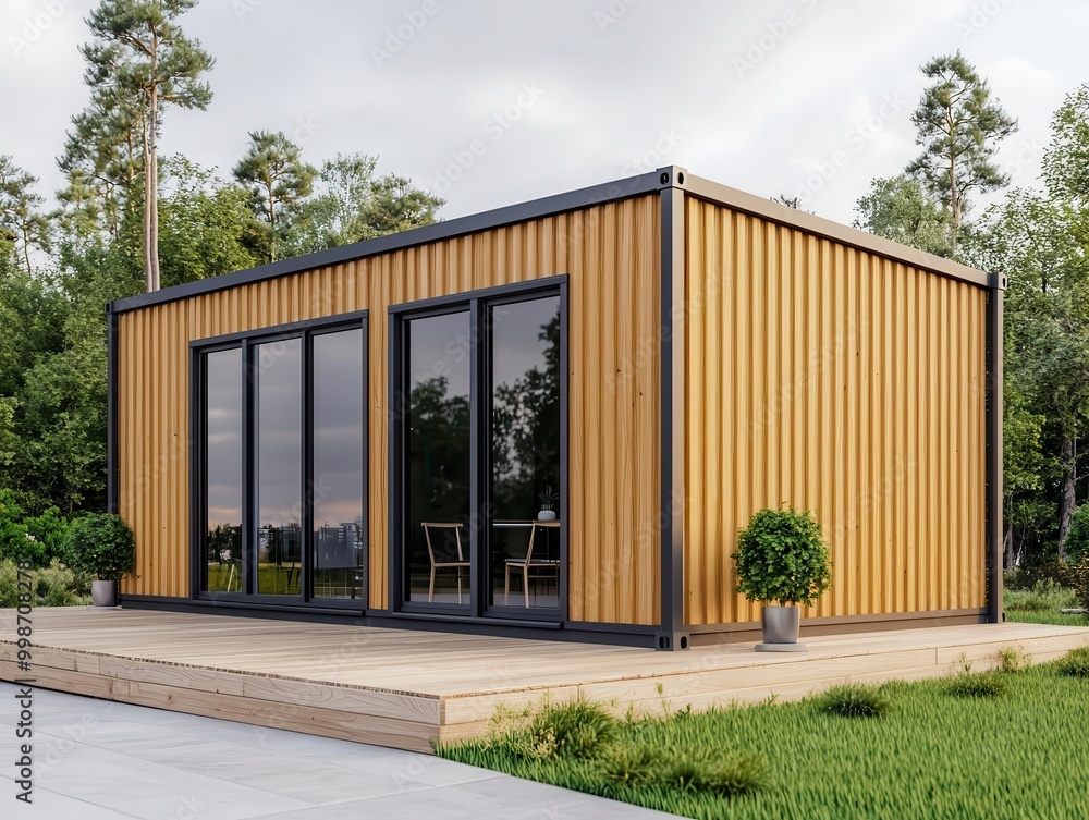 Elegant container restaurant exterior with light wood finish, large windows, and view of a blooming meadow Elegant container restaurant exterior with light wood finish, large windows, and view of a blooming meadow