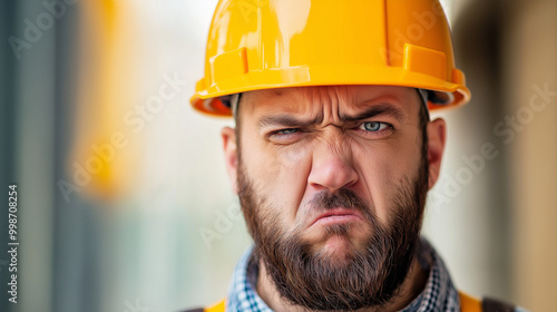 Construction worker or builder, looking angry and upset, like an architect or engineer, with a problem, stressed and unhappy, wearing a helmet