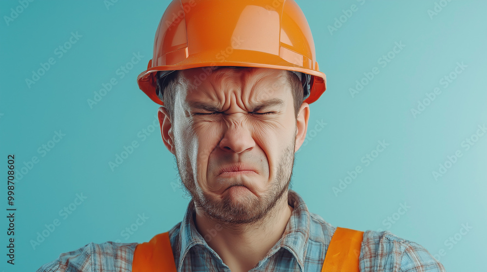 Construction worker or builder, looking angry and upset, like an architect or engineer, with a problem, stressed and unhappy, wearing a helmet