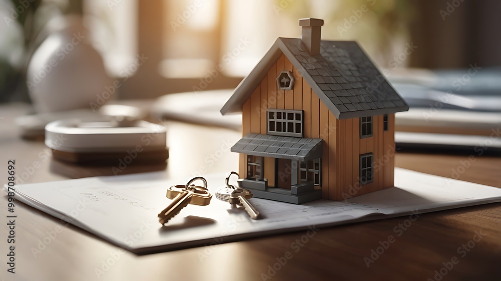 Real estate concept, the key with the miniature house model on the table Real estate concept, the key with the miniature house model on the table