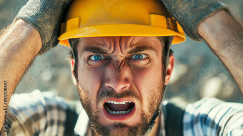 Construction worker or builder, looking angry and upset, like an architect or engineer, with a problem, stressed and unhappy, wearing a helmet