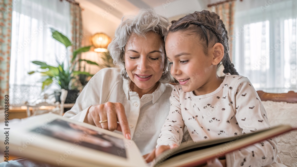 A mother and daughter share a tender moment, looking through a photo album together on a cozy couch, creating cherished memories. A mother and daughter share a tender moment, looking through a photo album together on a cozy couch, creating cherished memories.