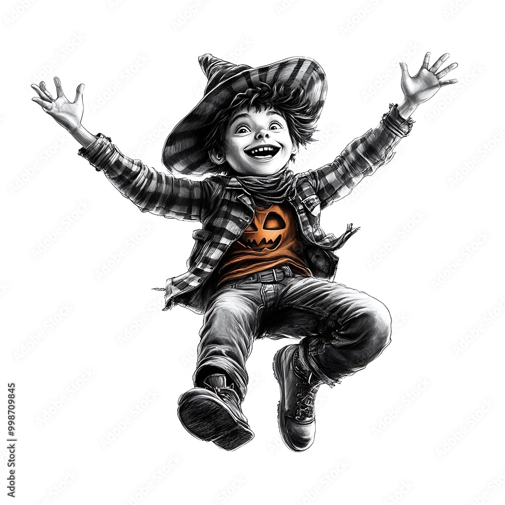 A joyful hipster boy celebrating Halloween with a pumpkin shirt and striped witch hat in a playful jump A joyful hipster boy celebrating Halloween with a pumpkin shirt and striped witch hat in a playful jump