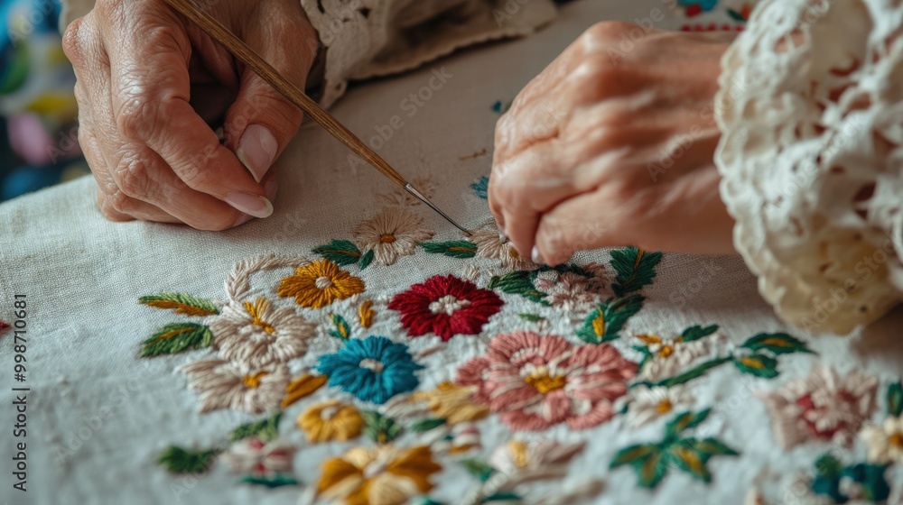 Russian women crafting intricate floral embroidery for handmade textile art Russian women crafting intricate floral embroidery for handmade textile art