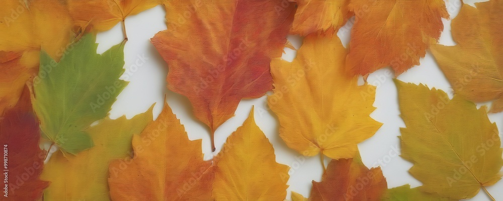 A close-up view collection of autumn leaves in various shades of orange, yellow, and green, arranged against a white background A close-up view collection of autumn leaves in various shades of orange, yellow, and green, arranged against a white background