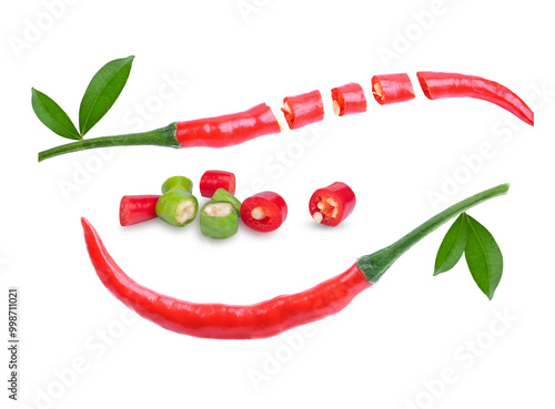 Red and green chili , Heaps of red,  green chopped chili peppers isolated on  transparent.