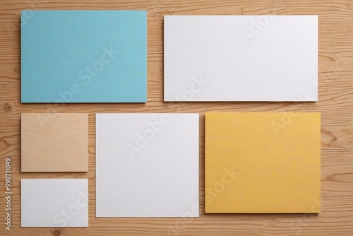 several different colored papers are arranged on a wooden surface