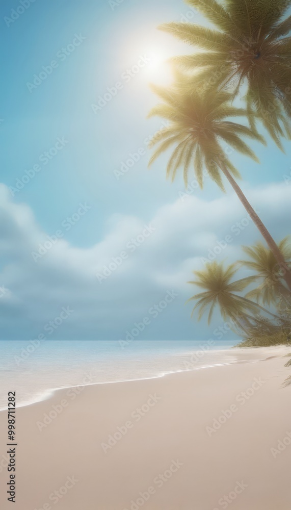 A serene tropical beach scene with swaying palm trees, a calm ocean, and a bright blue sky with scattered clouds A serene tropical beach scene with swaying palm trees, a calm ocean, and a bright blue sky with scattered clouds