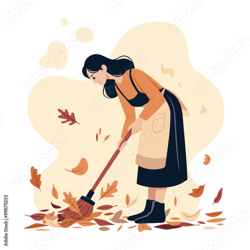 Woman removes autumn leaves. Autumn cleaning. Working and taking foliage at garden. Greetings of the season. Vector illustration isolated white background.