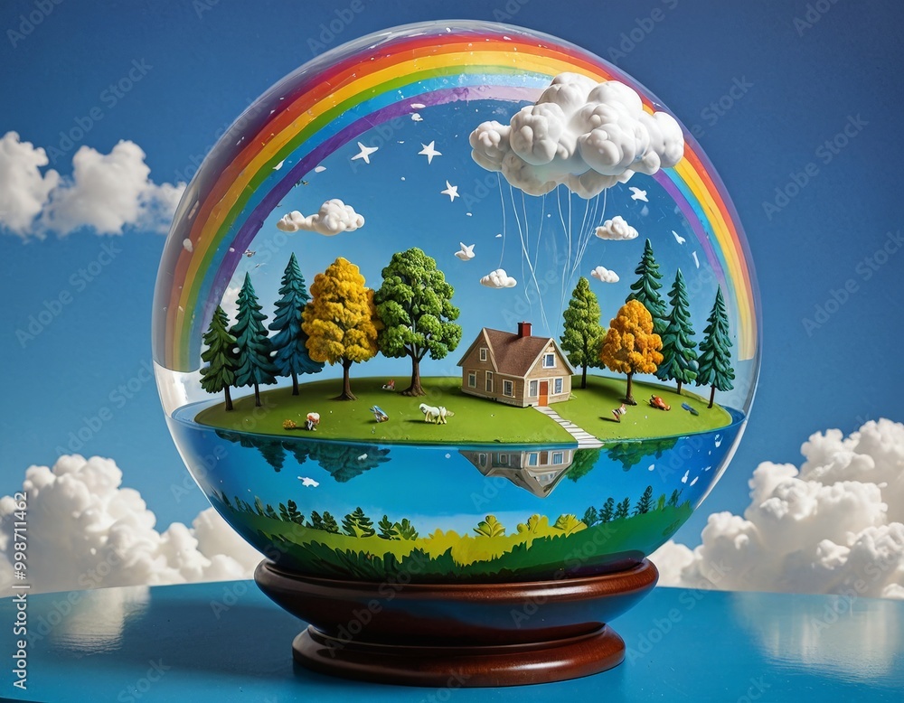 Naklejka premium A whimsical miniature landscape encased in a glass snow globe, featuring a rainbow, clouds, trees, a house, and animals, set against a blue sky with fluffy white clouds