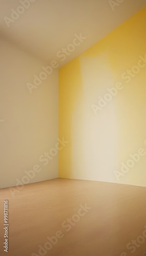 a simple, minimalist room with a wooden floor and two walls, one painted in a light yellow color and the other in a light beige color