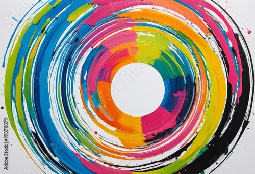 a vibrant abstract painting with a central white circle surrounded by concentric circles of various bright colors, including blue, green, orange, pink, and yellow photo