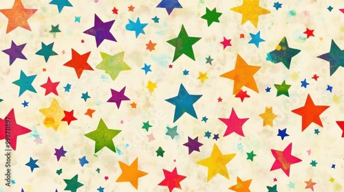 Colorful rainbow stars scattered across a cheerful background, perfect for a children bedroom with playful cartoon designs.