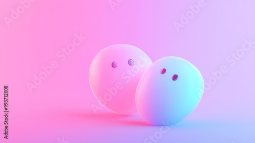 Two white spheres with black dots as eyes, against a pink and purple gradient background.