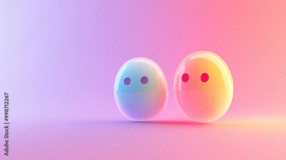 Two glossy, colorful, 3D spheres with cartoon eyes on a pink and purple background. Two glossy, colorful, 3D spheres with cartoon eyes on a pink and purple background.