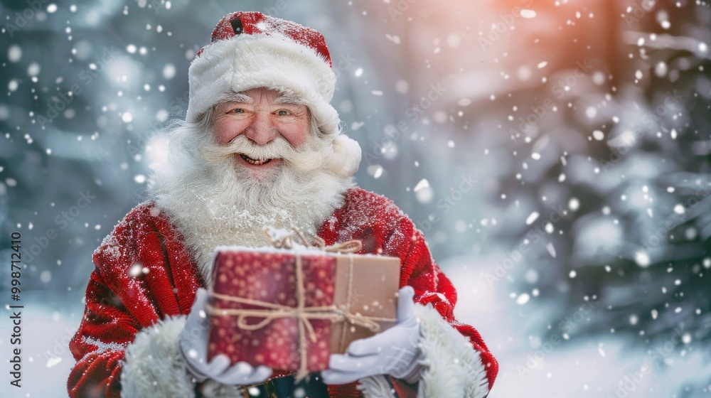 A smiling Santa Claus holding a red box A smiling Santa Claus holding a red box