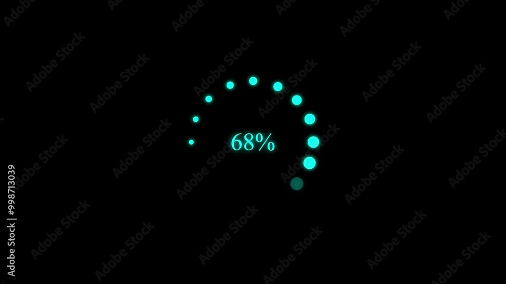 Circle rotating loading or progress bar icon. Cyan dot ring on black background. Downloading - 1 to 100 percentage. Loading process start to complete. Circle rotating loading or progress bar icon. Cyan dot ring on black background. Downloading - 1 to 100 percentage. Loading process start to complete.