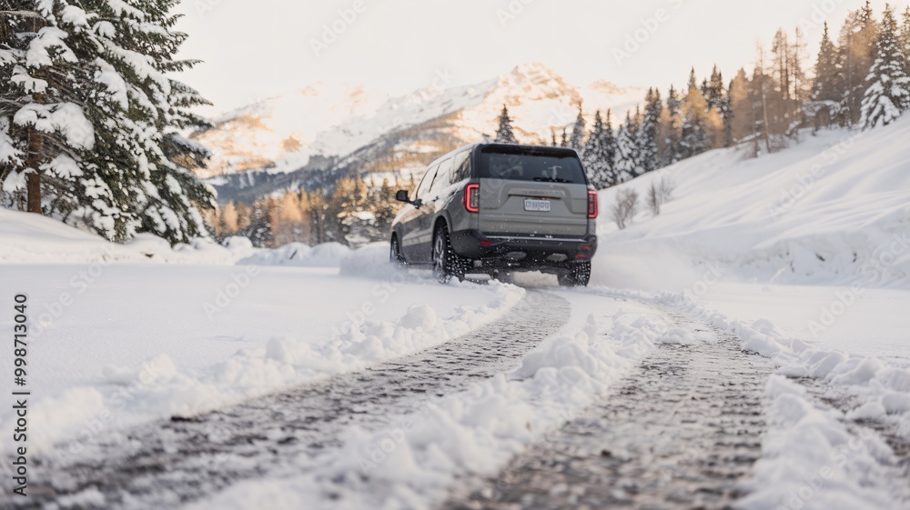 A gray SUV navigates a snowy mountain road, leaving tire tracks in the fresh powder. Scenic winter landscape with snowy peaks and trees in the background. A gray SUV navigates a snowy mountain road, leaving tire tracks in the fresh powder. Scenic winter landscape with snowy peaks and trees in the background.