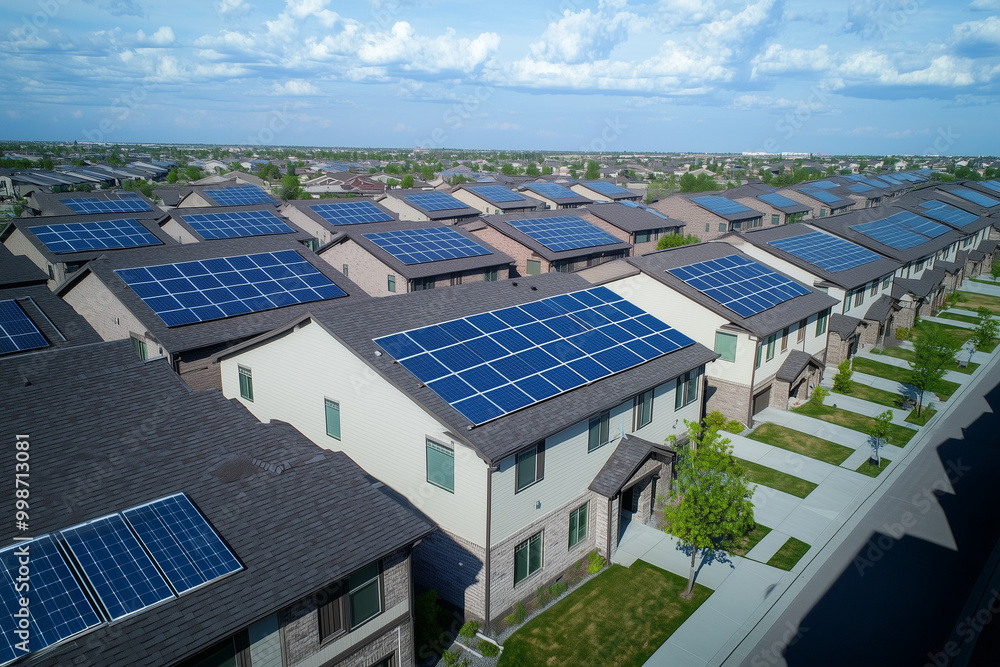Rows of modern homes with solar panels on rooftops, highlighting the widespread adoption of renewable energy solutions in suburban communities Rows of modern homes with solar panels on rooftops, highlighting the widespread adoption of renewable energy solutions in suburban communities