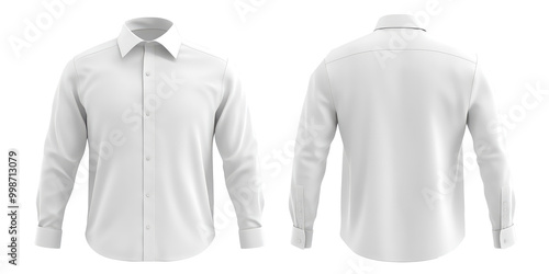 3d white male office formal shirt front and back view. Blank mockup for branding uniform on transparent cutout background, PNG file. Mockup clipart template