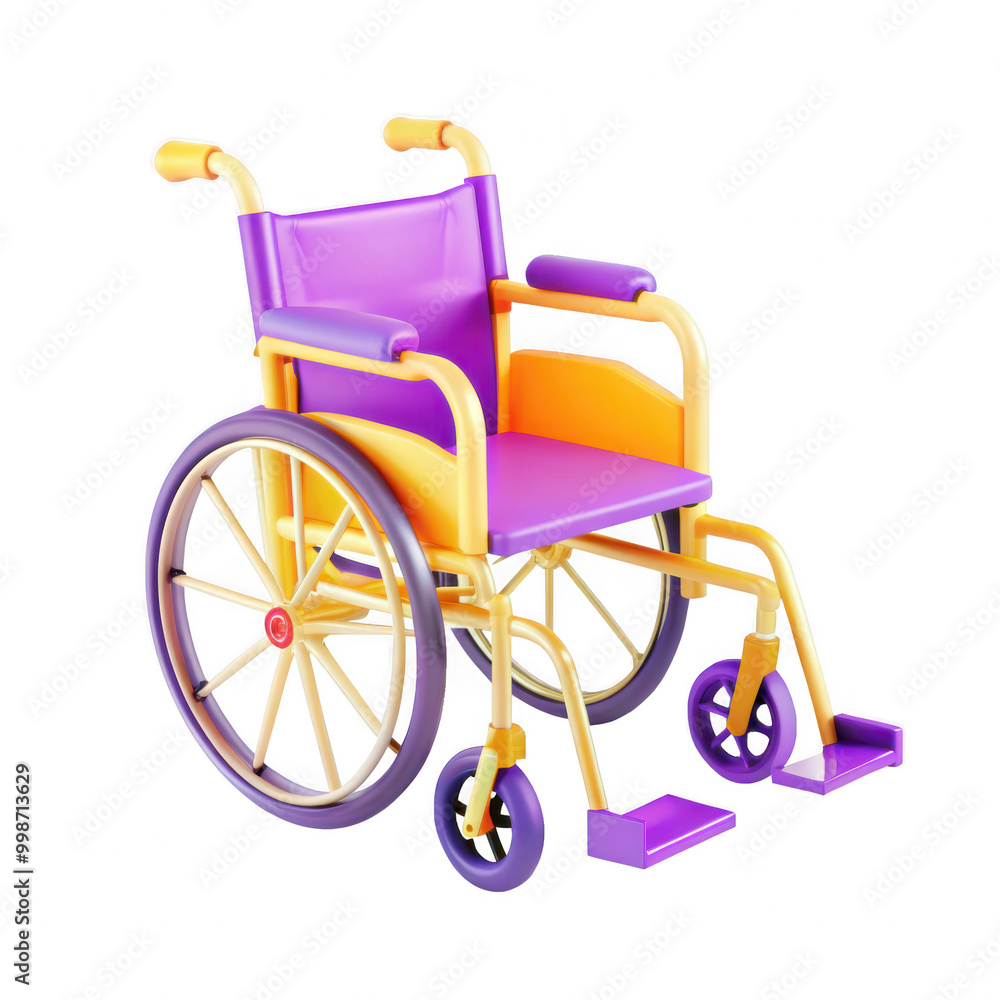 Fototapeta premium A vibrant, colorful wheelchair model featuring purple and orange elements, designed for accessibility. This 3D render showcases an inclusive design.