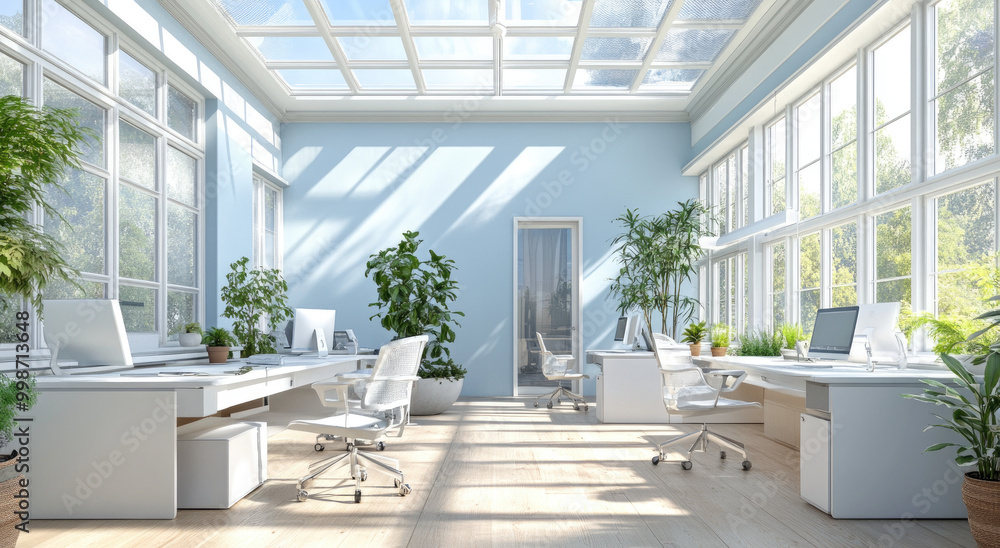 Fototapeta premium A modern, open-space office with skylights, white desks and chairs, light blue walls, potted plants on the floor, wooden floors, and windows