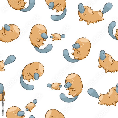 Cute platypus character. Seamless pattern. Kawaii animal in different poses. Vector drawing. Design ornaments.