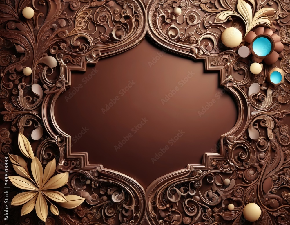 an ornate, three-dimensional brown background with intricate floral and leaf designs, a central empty space, and a gold flower at the bottom left an ornate, three-dimensional brown background with intricate floral and leaf designs, a central empty space, and a gold flower at the bottom left