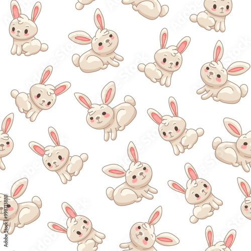 Cute rabbit character. Seamless pattern. Kawaii cartoon hare. Vector drawing. Design ornaments.