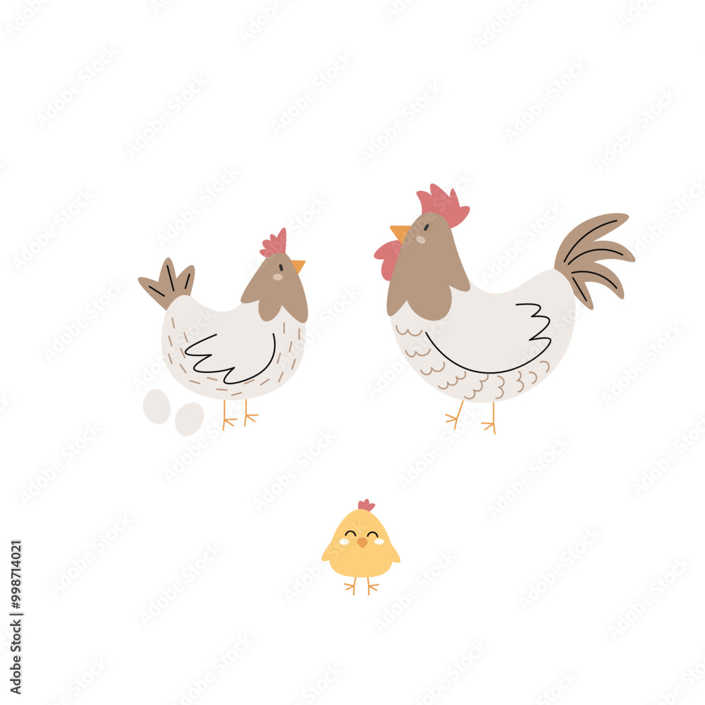 Fototapeta premium Cute cartoon childish Birds collection. Hand drawn. Vector illustrations of white, and brown Chicken (Hen) and chick.