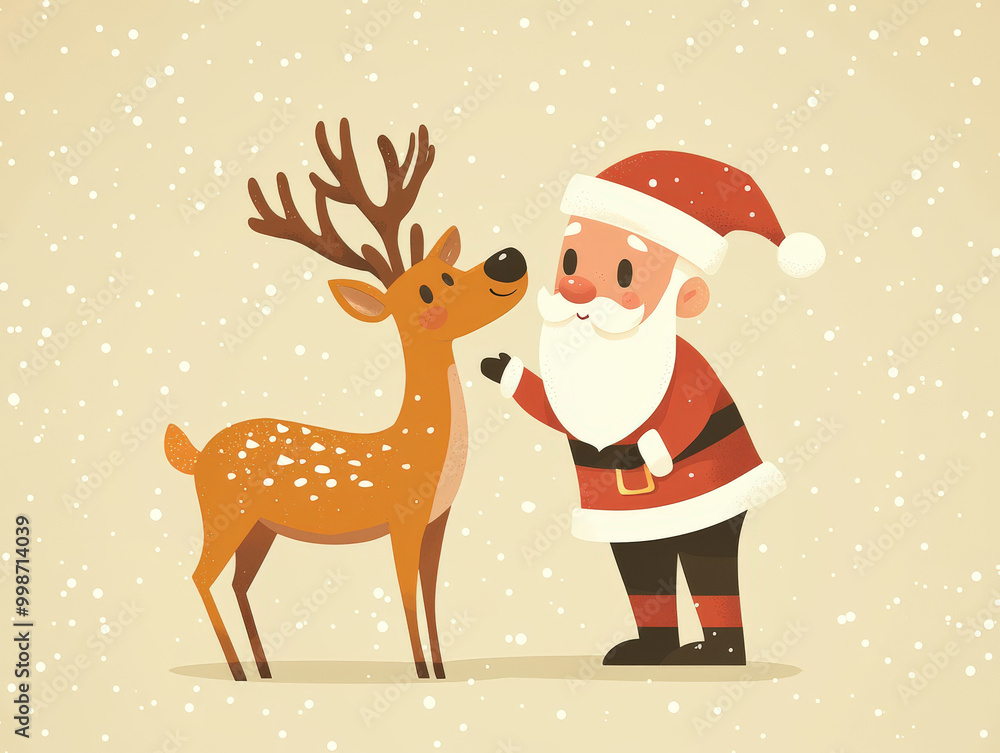 Santa Claus interacts with cheerful reindeer in snowy winter scene, capturing festive spirit of holiday season. This delightful image evokes joy and warmth Santa Claus interacts with cheerful reindeer in snowy winter scene, capturing festive spirit of holiday season. This delightful image evokes joy and warmth