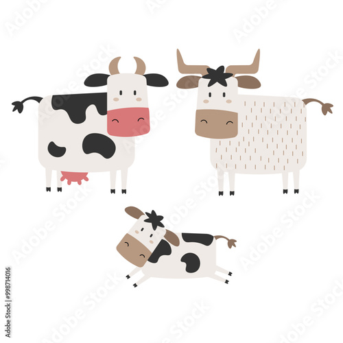 Farm animal. Cute cow set with calf. Hand drawn funny  drawing standing mammal, cartoon flat isolated vector illustration on white background