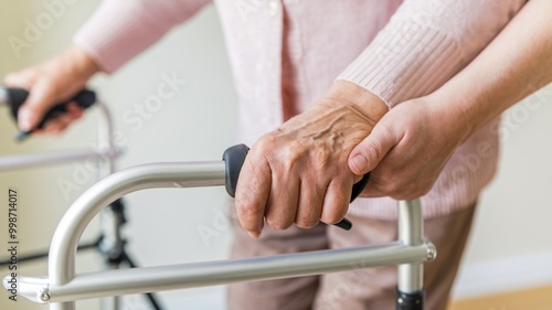 A close-up shot depicting the hands of a caregiver gently supporting an elderly person using a walking frame. The image emphasizes care, assistance, and the bond between generations.