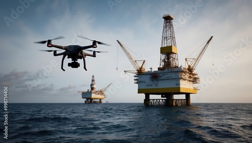 Offshore oil extraction site monitored by flying drone